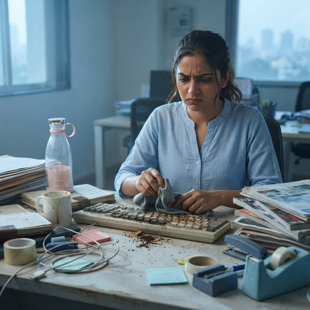 A professional frustrated by a dusty, cluttered office desk in a modern workspace.