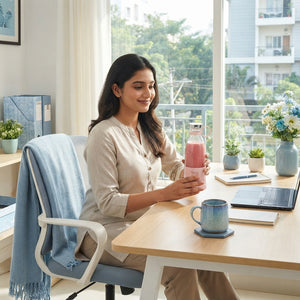 A South Asian professional holding a portable electric mini juicer in a clean, modern home office setting.