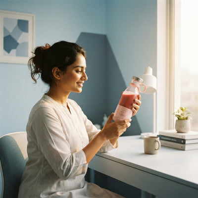 South Asian professional holding a portable electric juicer in a bright, modern office space with blue-toned decor.