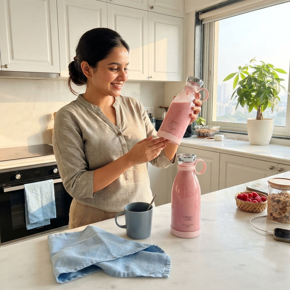 A young Indian woman holding a portable electric juicer bottle in a bright, modern kitchen during a morning routine.